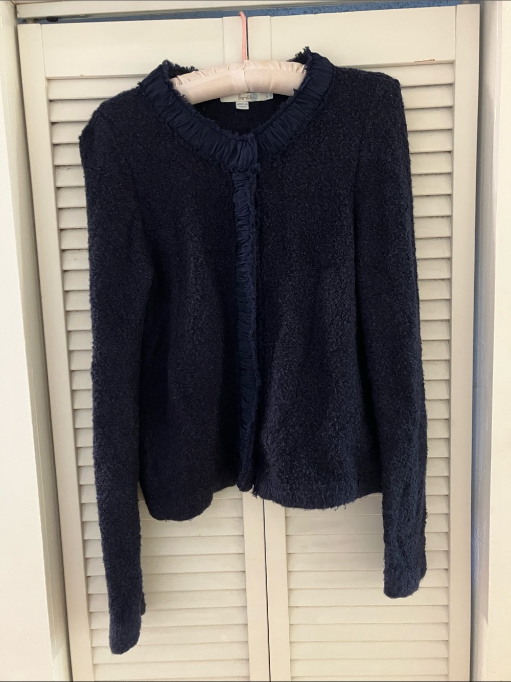 Boden Wool Navy Blue Sherpa and Tulle Trim Snap Cardigan 12